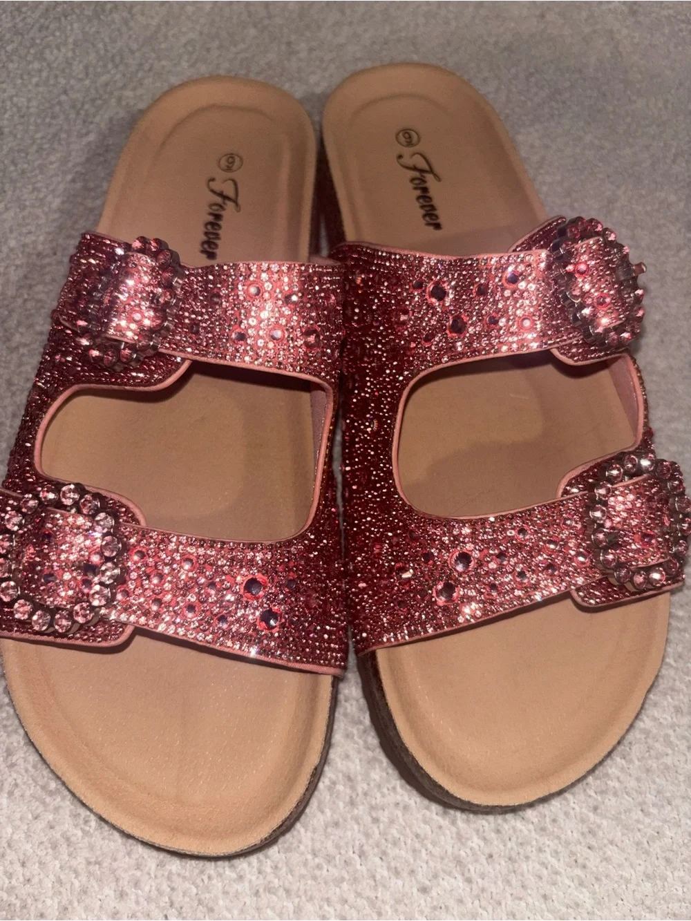 Sparkling Pink Double-Buckle Slide Sandals